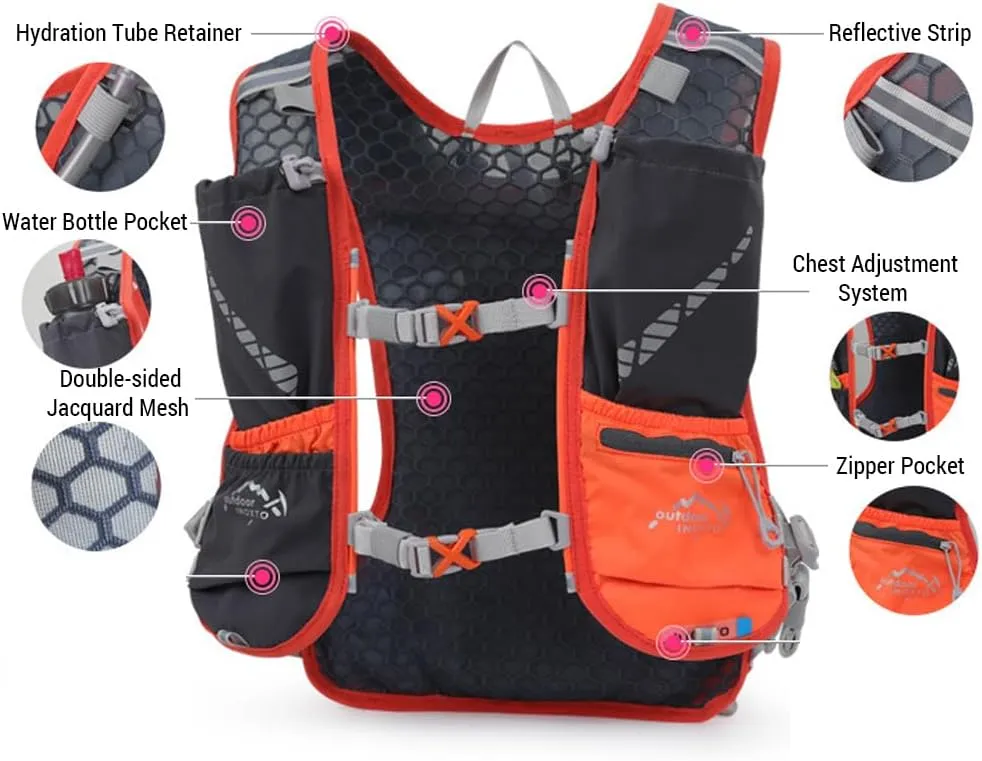 5L Hydration Vest Backpack Water Running Vest Pack with 1pc 1.5L Water Bladder and 2pcs 450ml Soft Water ttles