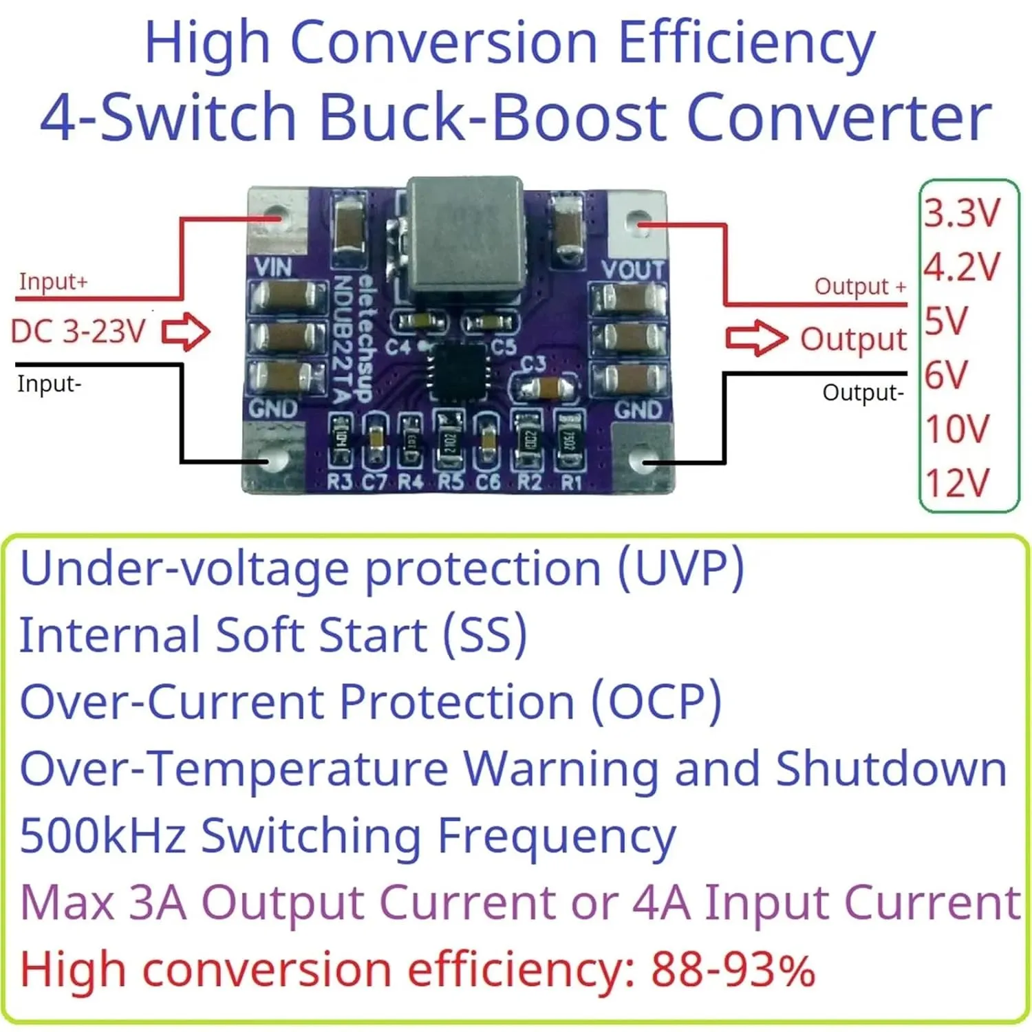 5PCS Max 3A Synchronous 4-Switch High Efficiency DC-DC Buck-Boost Converter Module 3-23V to 3.3V 4.2V 5V 6V 10V 12V Voltage Regulator(12V)