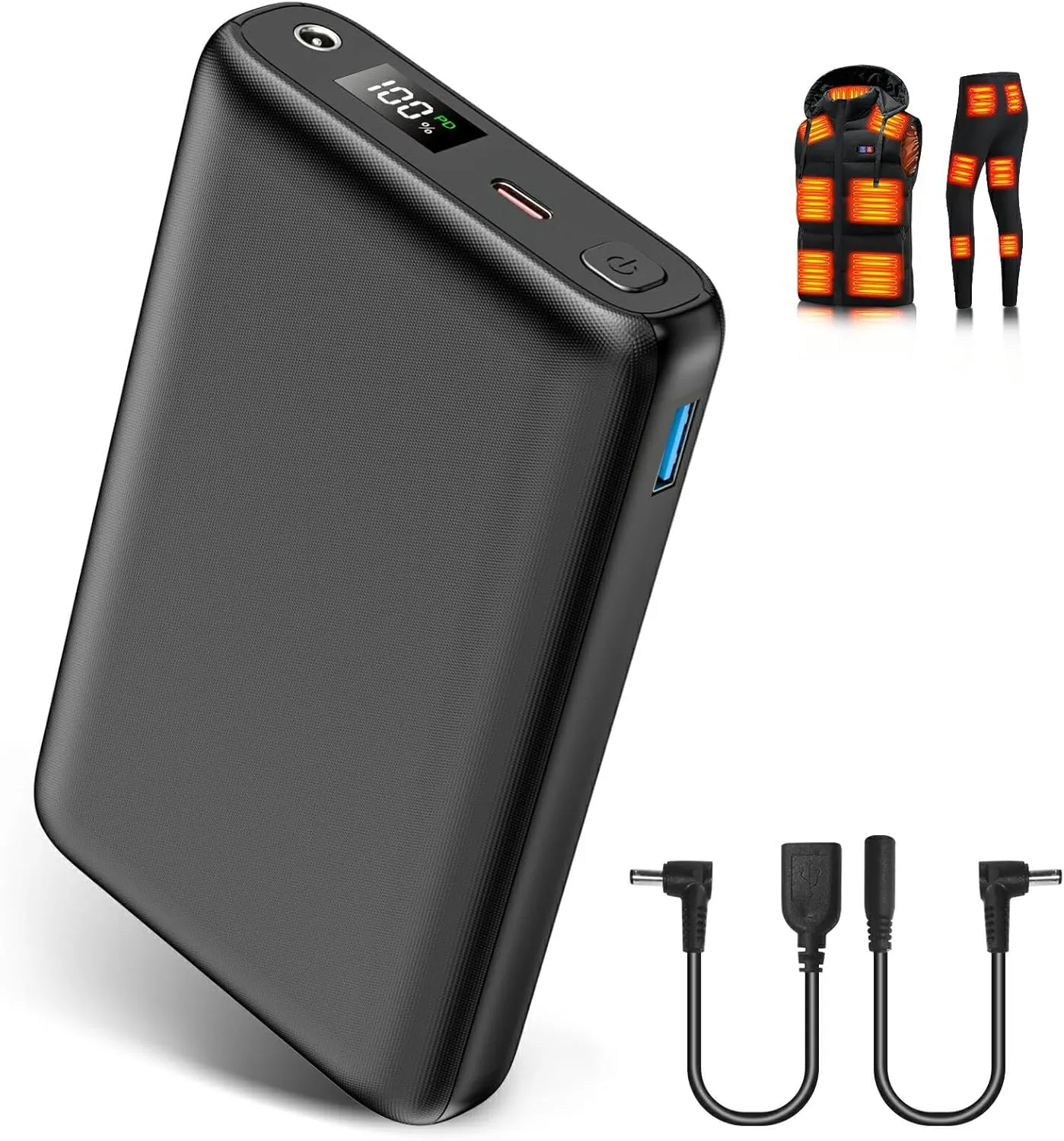5V/7.4V 30000mAh Heated Vest Battery Pack, Portable Power Bank with USB/DC Port LED Display, Battery Charger for Heated Vest, Jacket, Pants