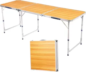 6-Foot Aluminum Alloy Folding Camping Table, Small with Storage Bag, Adjustable Height Portable Picnic Table, Upgraded, Thickened, Lightweight, Wood Grain Color