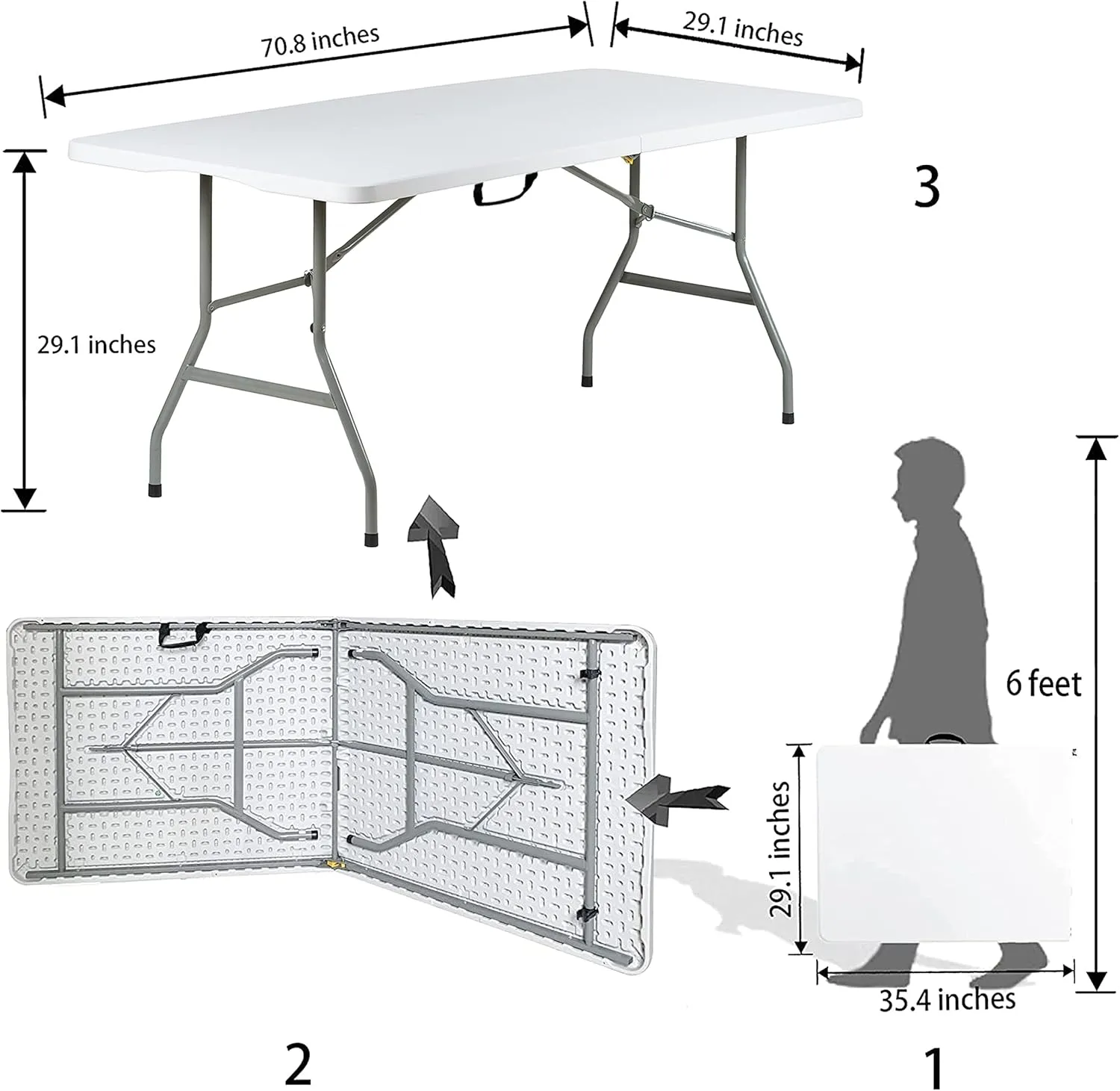 6 Foot Folding Table 6ft Foldable Portable Plastic Tables for Party, Fold-in-Half Heavy Duty Table, 6’ Utility Dining Card Long Table, Indoor Outdoor Fold up for Picnic, Camping, White, Large