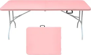 6 Foot Portable Folding Table Large Height Lightweight Indoor Outdoor Picnic Beach Camping Dining Fold Out Table, Iron Utility Table Folding Desk with Carry Handle, Pink