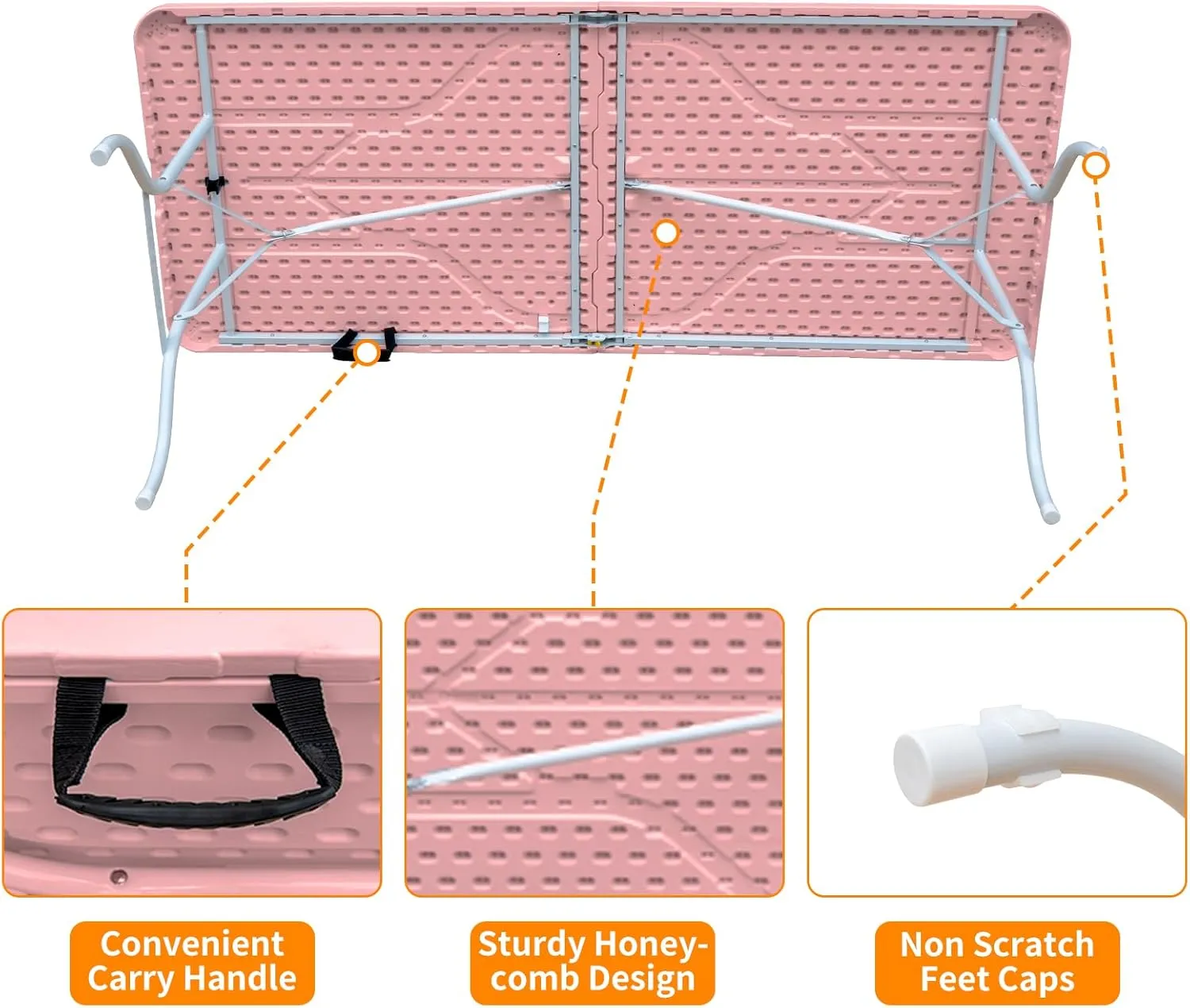 6 Foot Portable Folding Table Large Height Lightweight Indoor Outdoor Picnic Beach Camping Dining Fold Out Table, Iron Utility Table Folding Desk with Carry Handle, Pink