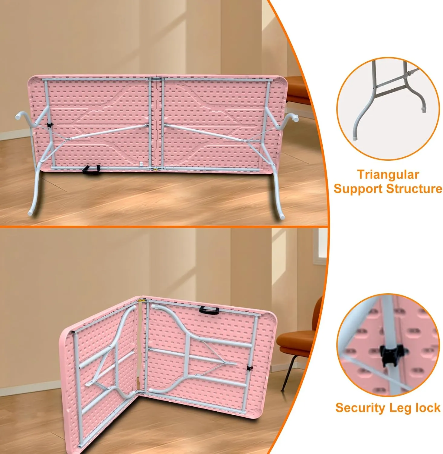 6 Foot Portable Folding Table Large Height Lightweight Indoor Outdoor Picnic Beach Camping Dining Fold Out Table, Iron Utility Table Folding Desk with Carry Handle, Pink