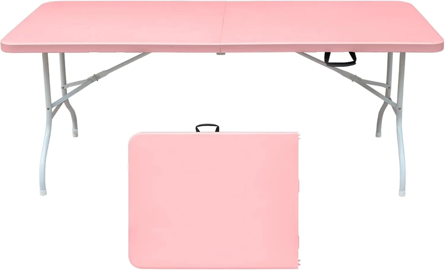 6 Foot Portable Folding Table Large Height Lightweight Indoor Outdoor Picnic Beach Camping Dining Fold Out Table, Iron Utility Table Folding Desk with Carry Handle, Pink
