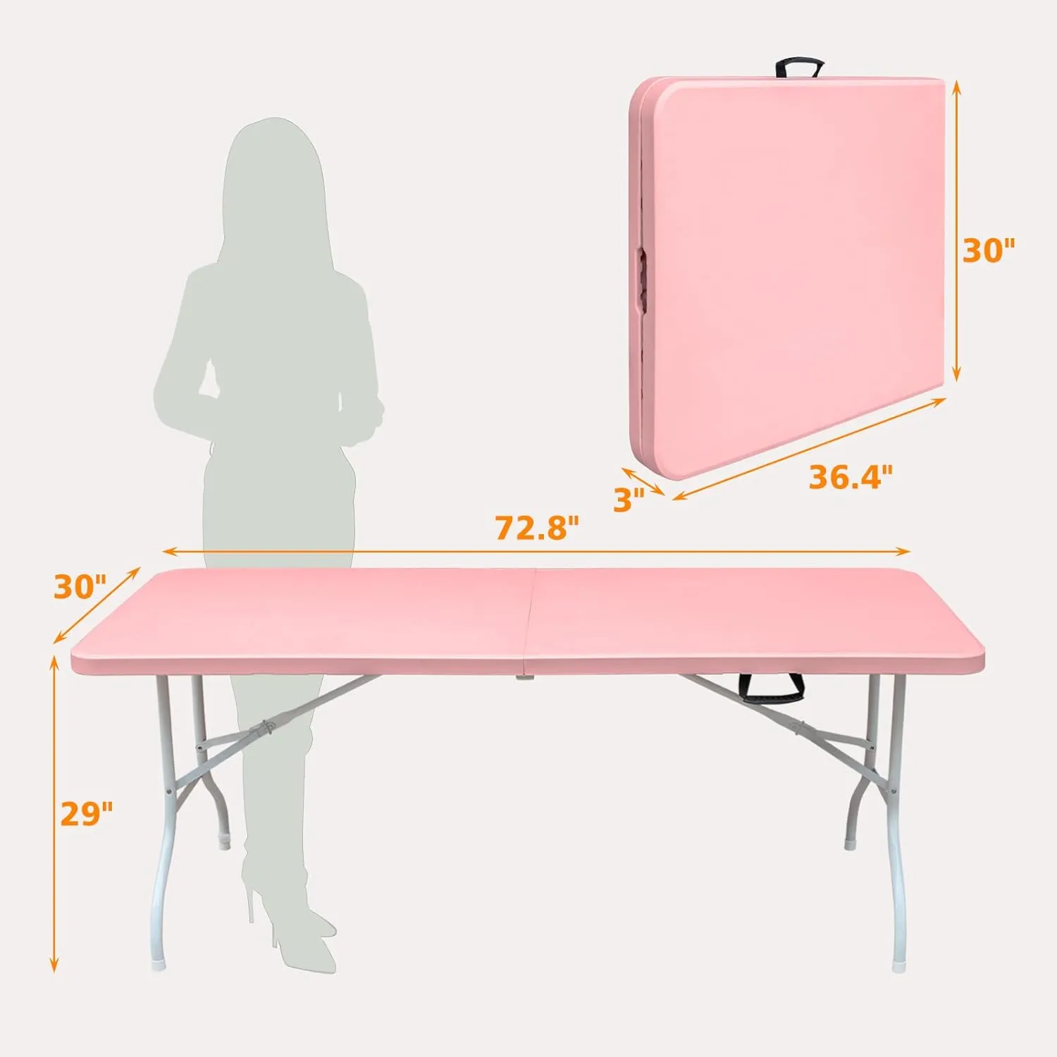 6 Foot Portable Folding Table Large Height Lightweight Indoor Outdoor Picnic Beach Camping Dining Fold Out Table, Iron Utility Table Folding Desk with Carry Handle, Pink