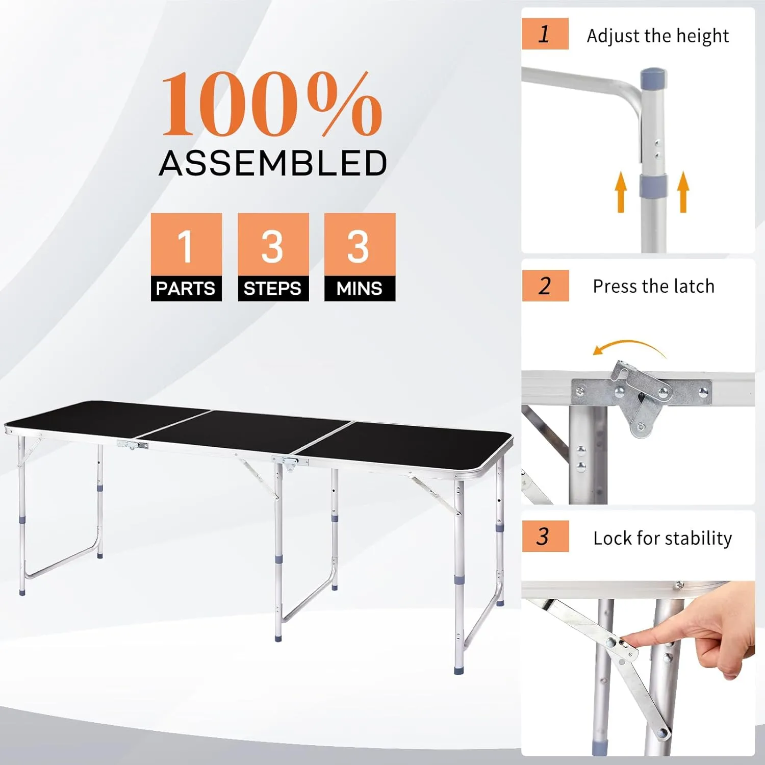 6.0 Ft Folding Portable Camping Table with Three Adjustable Heights, Tri-fold Outdoor Table, Outdoor Camping Kitchen, BBQ, Picnic, Cooking, Beach, Garden, Party, Black