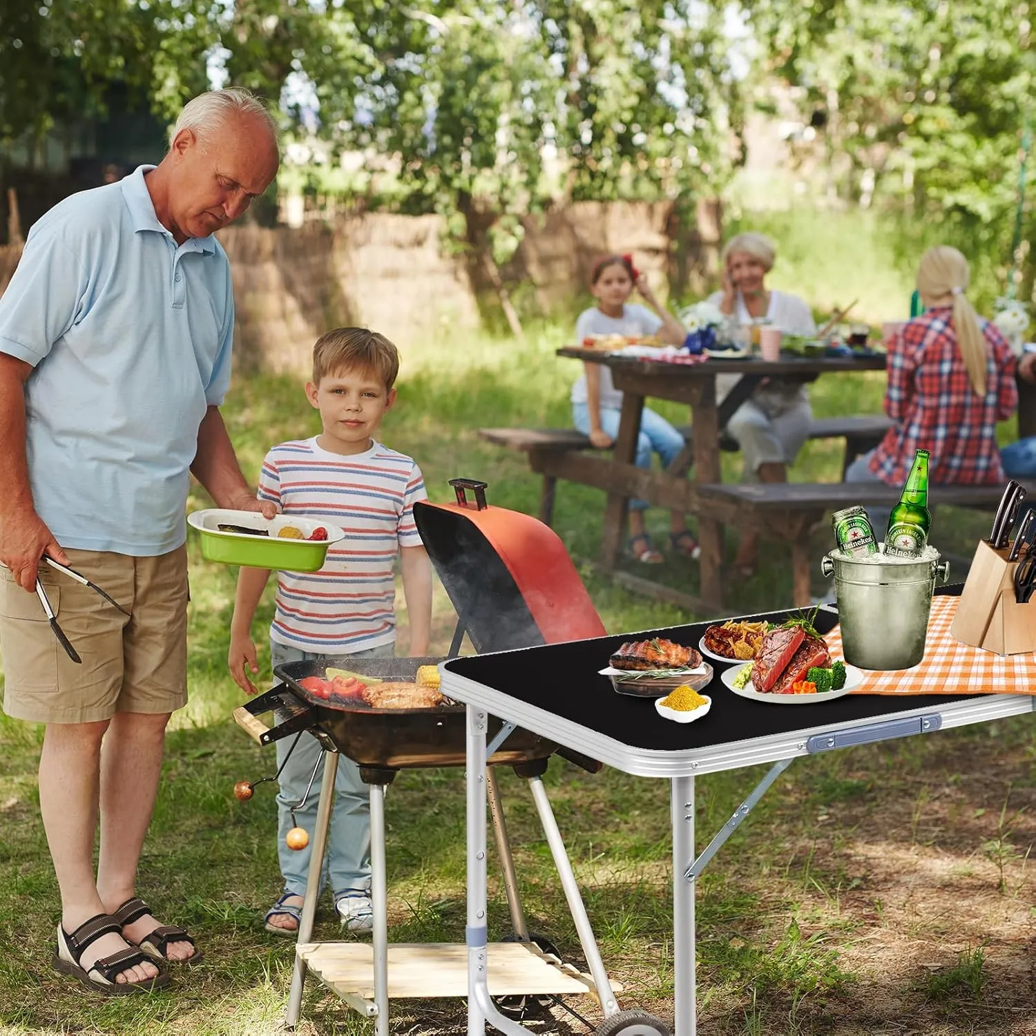 6.0 Ft Folding Portable Camping Table with Three Adjustable Heights, Tri-fold Outdoor Table, Outdoor Camping Kitchen, BBQ, Picnic, Cooking, Beach, Garden, Party, Black
