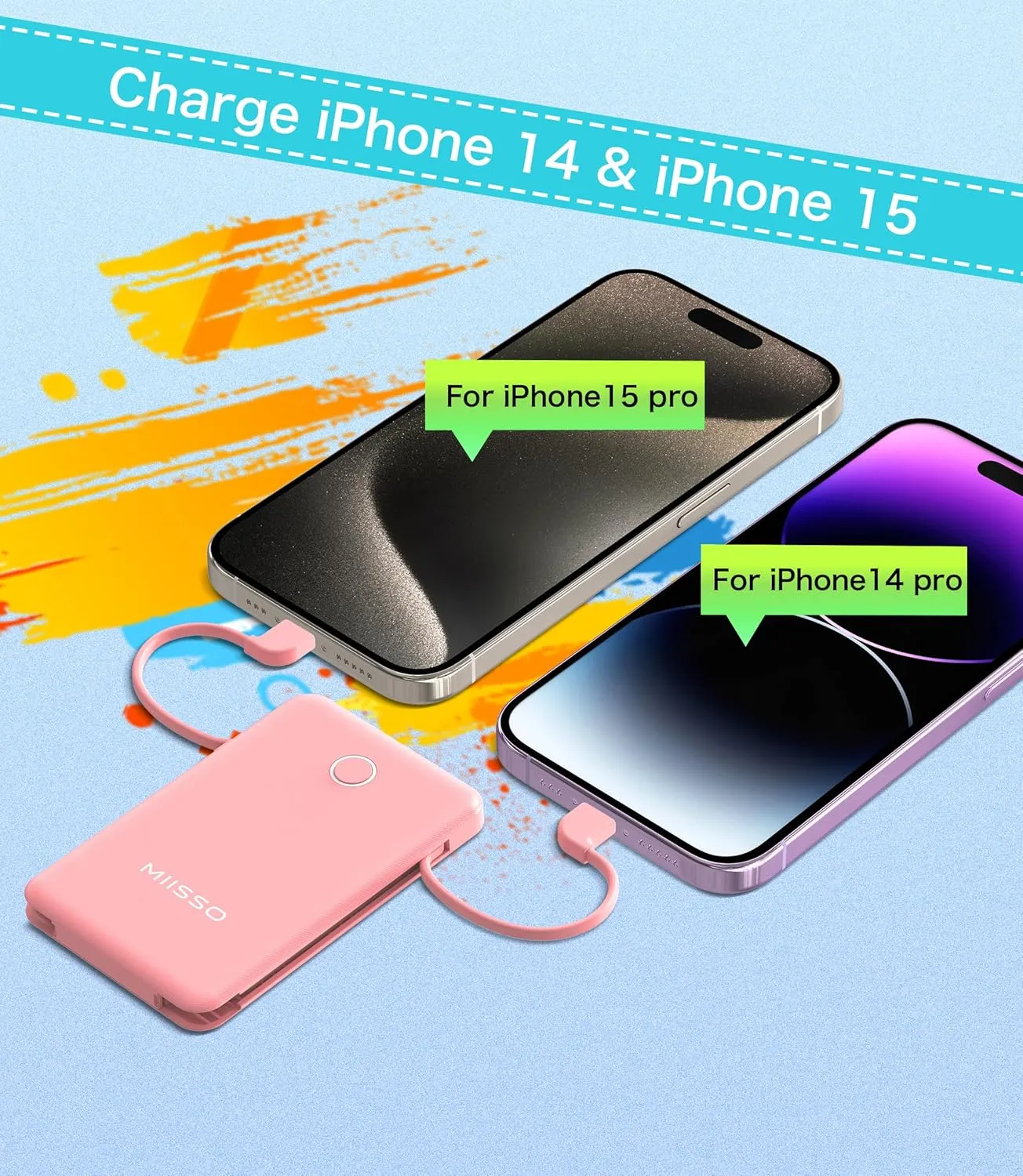 6000mah Ultra Slim Built in Cables Power Bank, Card Size Built in USB C Cords Battery Pack Portable Charger for Phones, 3 Output External Battery Pack Compatible with iPhone, Samsung, Google, Pink