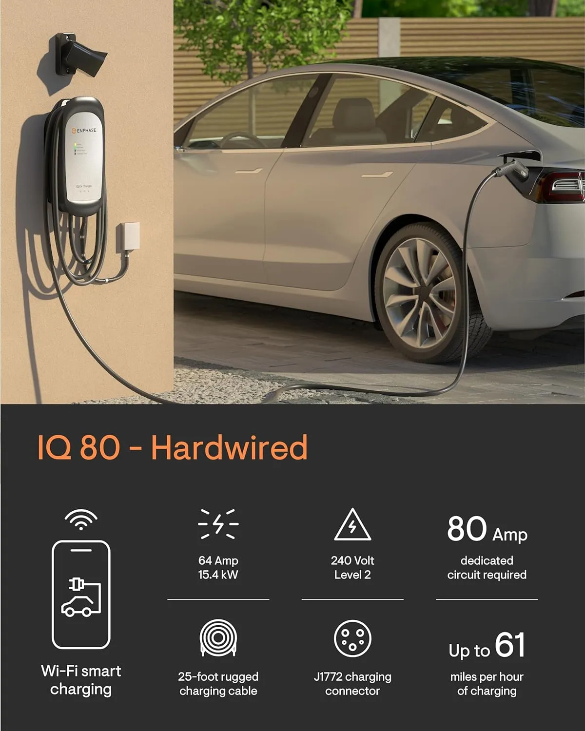 64 Amp Smart EV Charger - Enphase IQ 80, Hardwired, 15.4kW Power, 240V, Wi-Fi Connected, Safety Certified, 25ft Cable & Ruggedized J1772 Connector