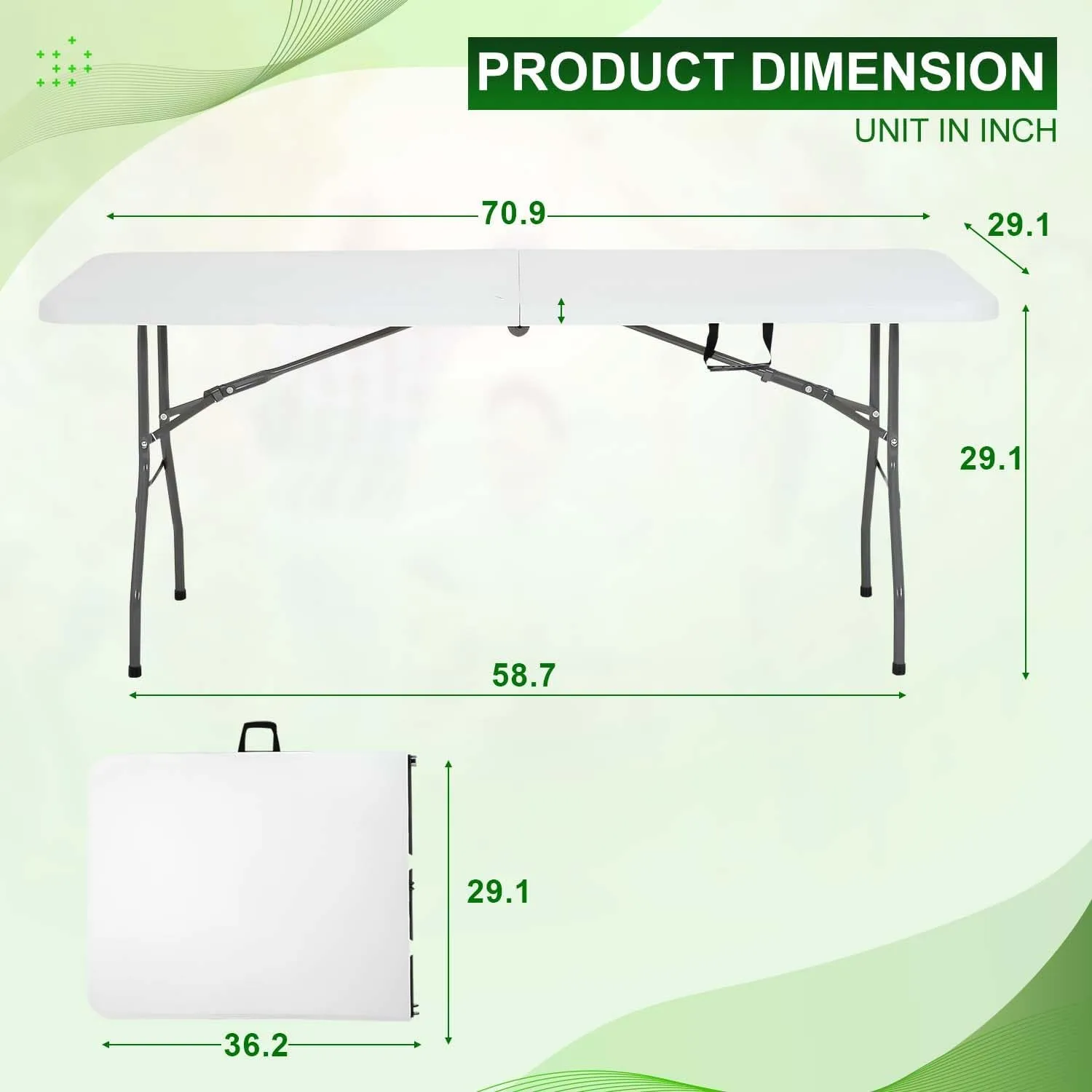 6FT Folding Table, Picnic Camping Table, Foldable Outdoor Table for Picnic, Party, Camping(70 * 29)-White