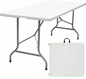 6ft Heavy Duty Folding Table with Handle Portable Plastic Foldable Table for Indoor/Outdoor Events, Camping, Parties, and More – Sturdy Steel Legs, Compact & Easy to Store