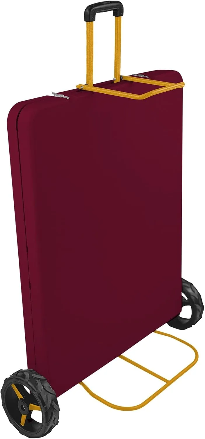 6Ft Rolling Folding Table with Built-in Wheels, Durable Plastic, Team Colors, Easy to Carry, Perfect for Camping, Picnic, Tailgating, Party, Indoor/Outdoor Use (Single Table, Dark Red & Dark Yellow)