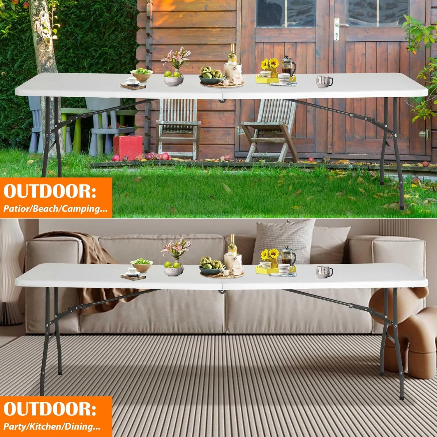 8 Foot Folding Table, Portable Outdoor Folding Table Camp Table with Built in Handle & Steel Legs, Heavy Duty Plastic Foldable Table Picnic Table 8ft Table Party Table, Easy to Carry and Storage