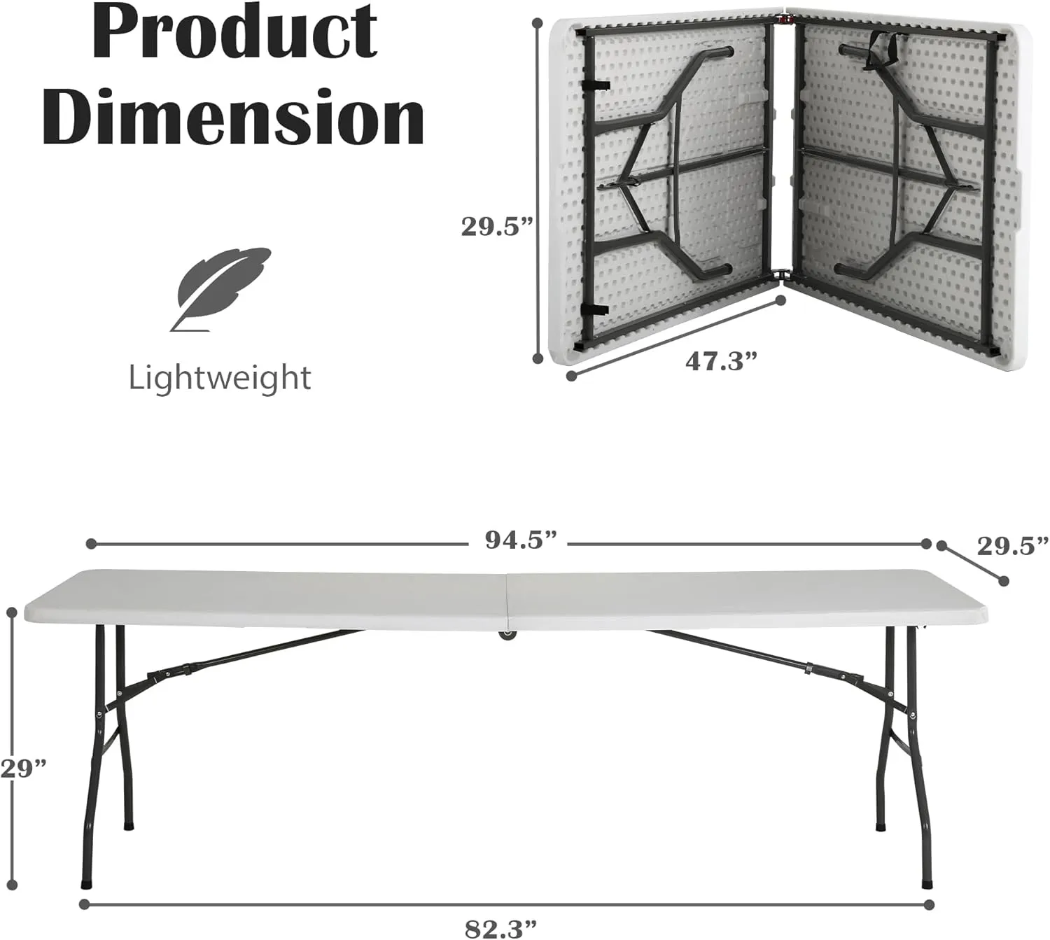 8 Foot Folding Table, Portable Outdoor Folding Table Camp Table with Built in Handle & Steel Legs, Heavy Duty Plastic Foldable Table Picnic Table 8ft Table Party Table, Easy to Carry and Storage