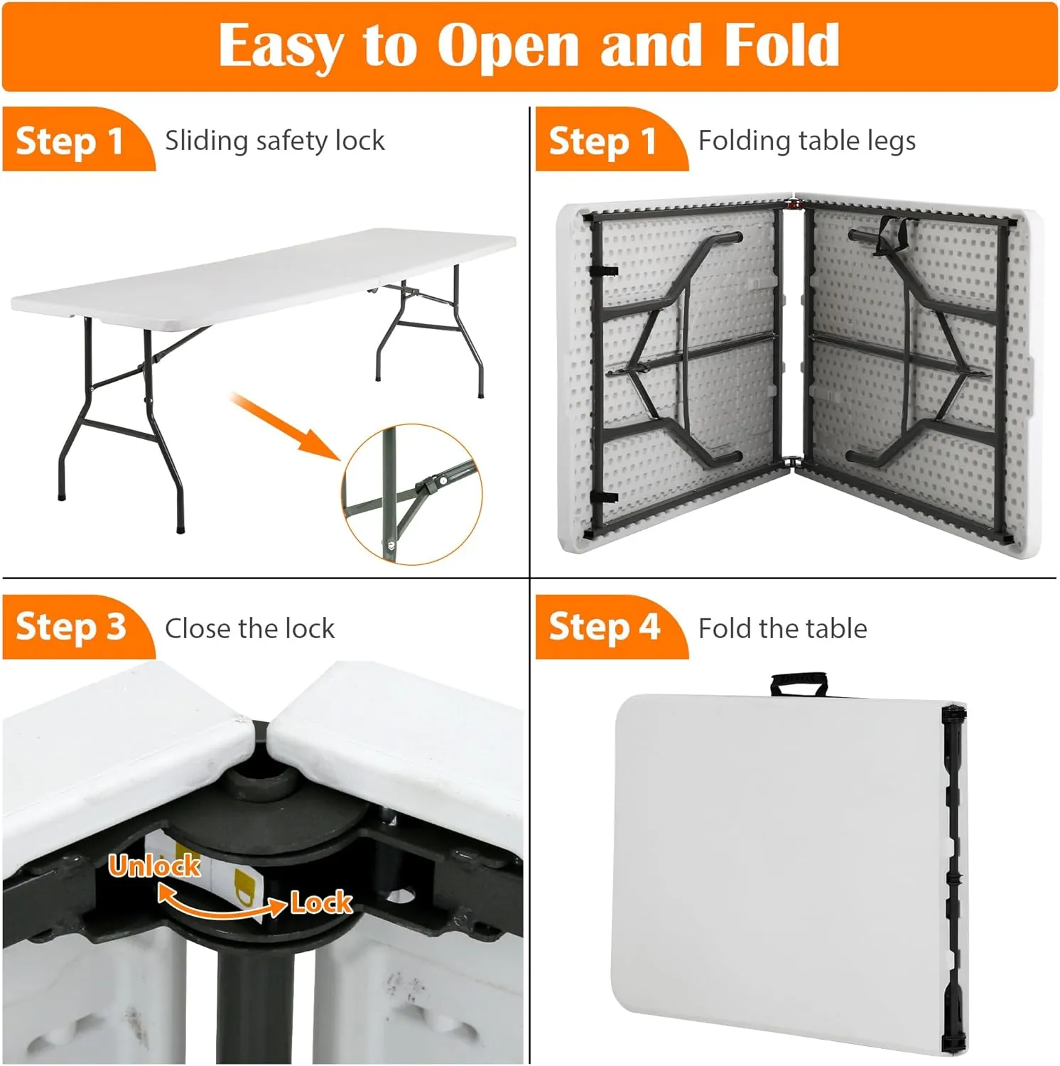 8 Foot Folding Table, Portable Outdoor Folding Table Camp Table with Built in Handle & Steel Legs, Heavy Duty Plastic Foldable Table Picnic Table 8ft Table Party Table, Easy to Carry and Storage