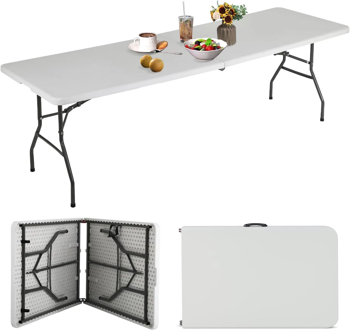 8 Foot Folding Table, Portable Outdoor Folding Table Camp Table with Built in Handle & Steel Legs, Heavy Duty Plastic Foldable Table Picnic Table 8ft Table Party Table, Easy to Carry and Storage