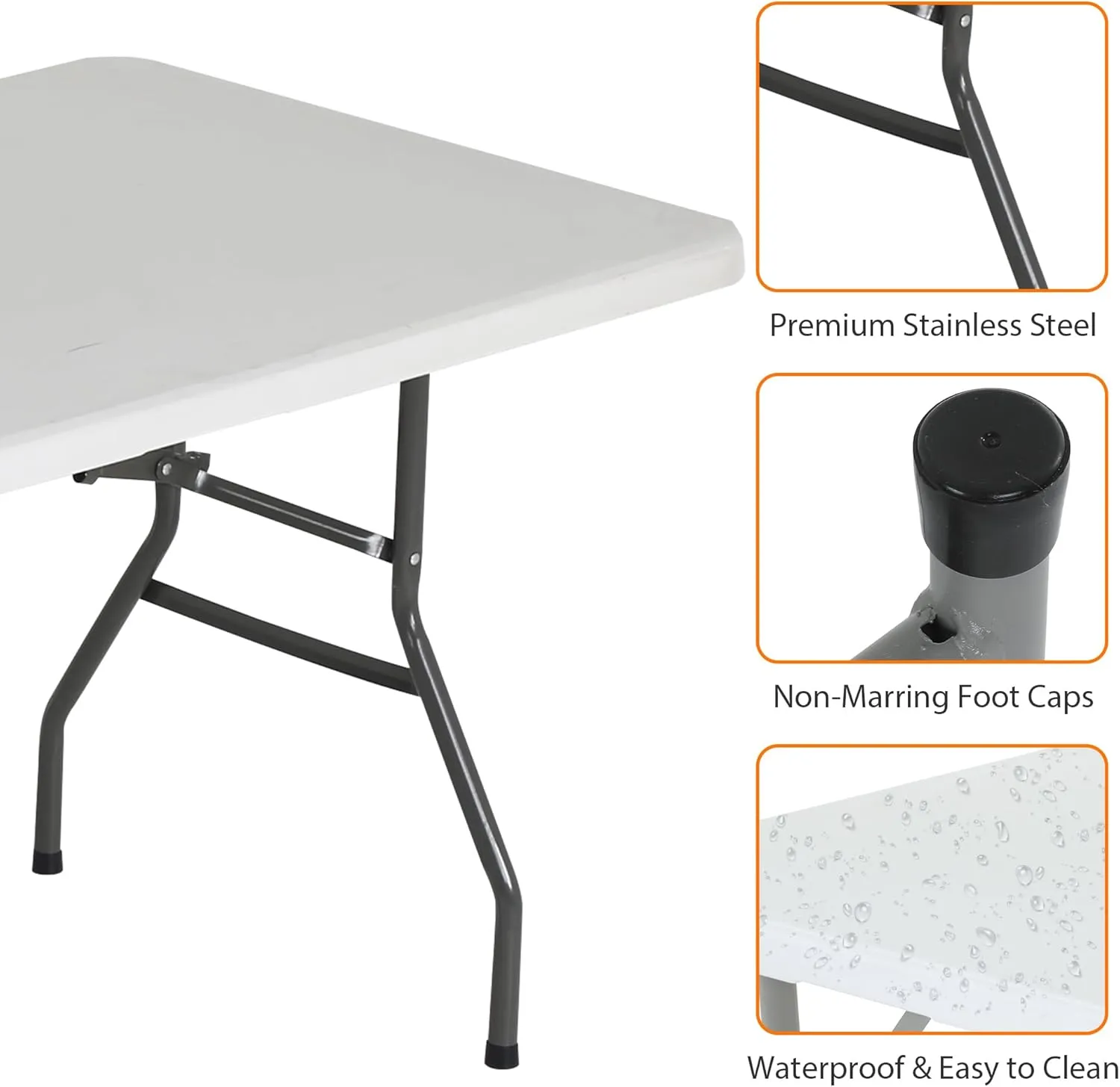 8 Foot Folding Table, Portable Outdoor Folding Table Camp Table with Built in Handle & Steel Legs, Heavy Duty Plastic Foldable Table Picnic Table 8ft Table Party Table, Easy to Carry and Storage