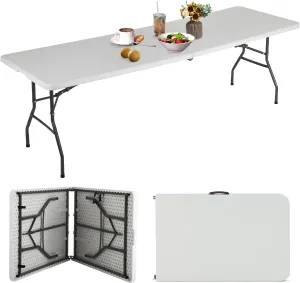 8 Foot Folding Table, Portable Outdoor Folding Table Camp Table with Built in Handle & Steel Legs, Heavy Duty Plastic Foldable Table Picnic Table 8ft Table Party Table, Easy to Carry and Storage