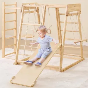 8 in 1 Large Indoor Jungle Gym, Wooden Montessori Indoor Playground for Kids with Slide, Climbing Wall/Net, Rope Ladder, Monkey Bars, Swing, Hanging Ring, Climbing Toy for Toddler 2-8 Inside