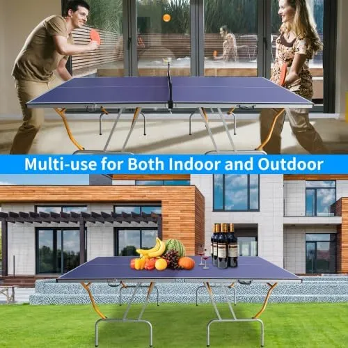 8ft/9ft Mid-Size Table Tennis Table Foldable & Portable Ping Pong Table Set for Indoor Games with Net, 2 Table Tennis Paddles and 3 Balls