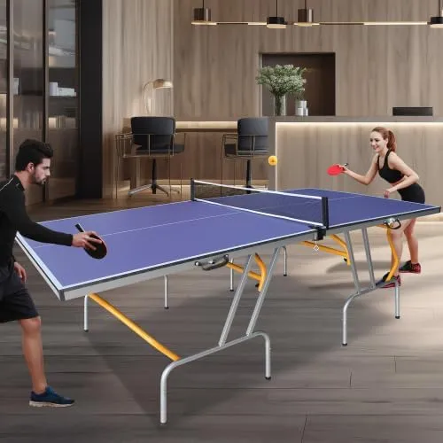 8ft/9ft Mid-Size Table Tennis Table Foldable & Portable Ping Pong Table Set for Indoor Games with Net, 2 Table Tennis Paddles and 3 Balls