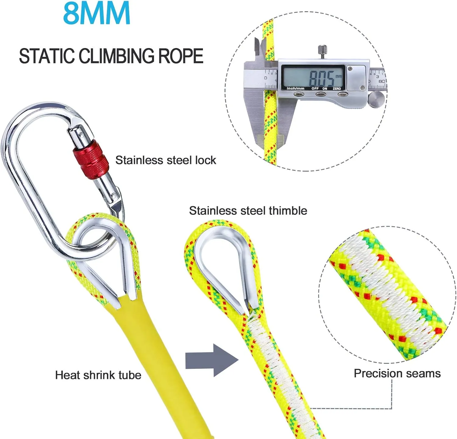 8MM Climbing Rope, 32ft/65ft/98ft/165ft/246ft High Strength Outdoor Safety Static Rock Climbing Rope, Escape Rope, Rappelling Rope, Fire Rescue Parachute Rope