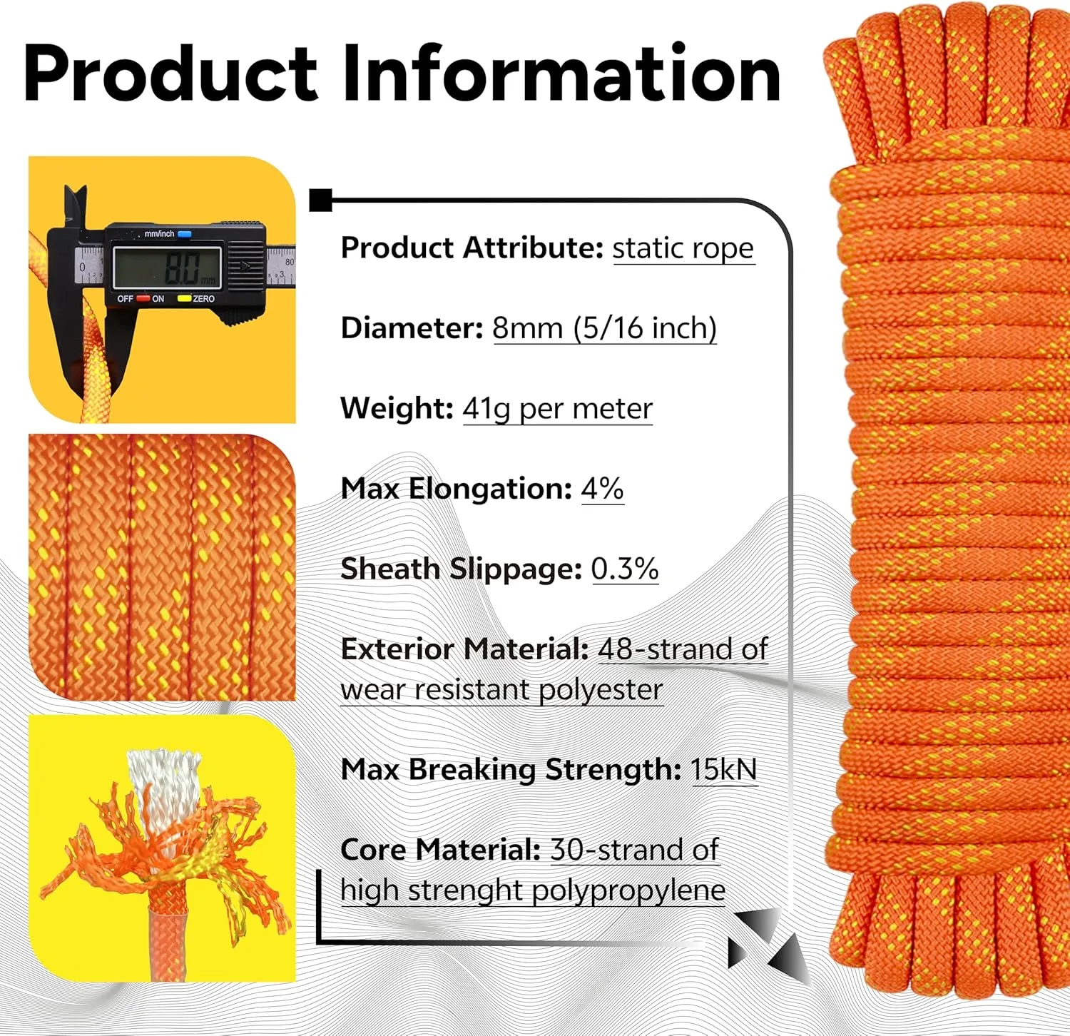 8mm Static Climbing Rope: Heavy Duty Outdoor Rock Climbing Rope for Arborist Tree Work, Rescue, Camping & Hiking, (10m/32ft, 20m/64ft, 30m/96ft) Orange/Black