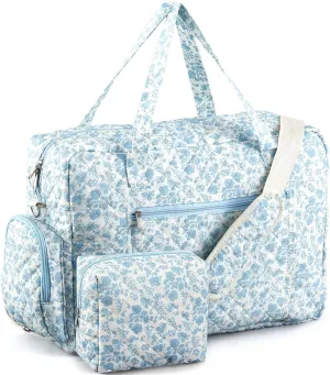 Abbylike 2 Pcs Large Floral Quilted Duffle Bag Coquette Floral Duffle Bag with Makeup Pouch Quilted Weekender Diaper Tote with Shoe Compartment for Women Travel Hospital