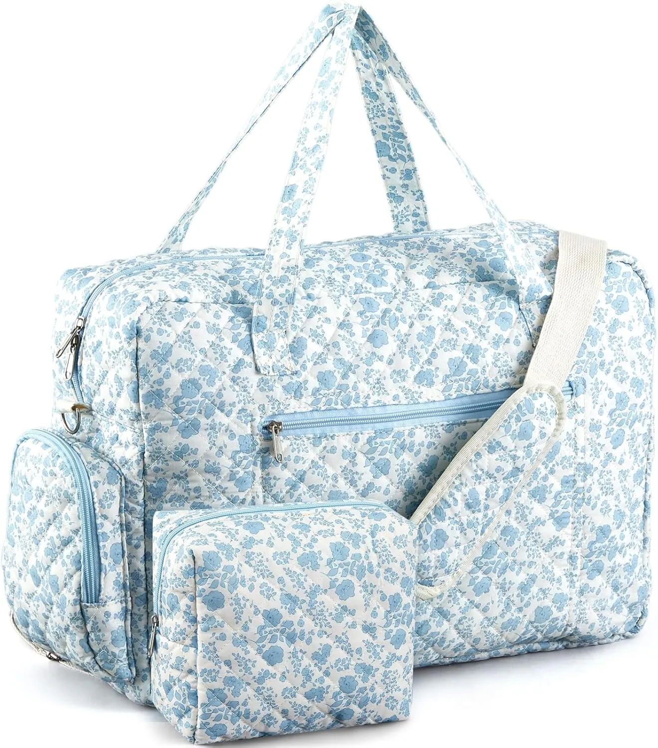 Abbylike 2 Pcs Large Floral Quilted Duffle Bag Coquette Floral Duffle Bag with Makeup Pouch Quilted Weekender Diaper Tote with Shoe Compartment for Women Travel Hospital