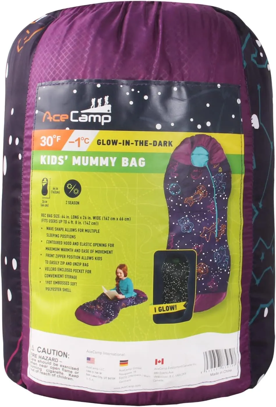 AceCamp Glow in The Dark Mummy Sleeping Bag for Kids and Youth, Temperature Rating 30°F/-1°C, Water-Resistant for Camping, Hiking, and Slumber Party