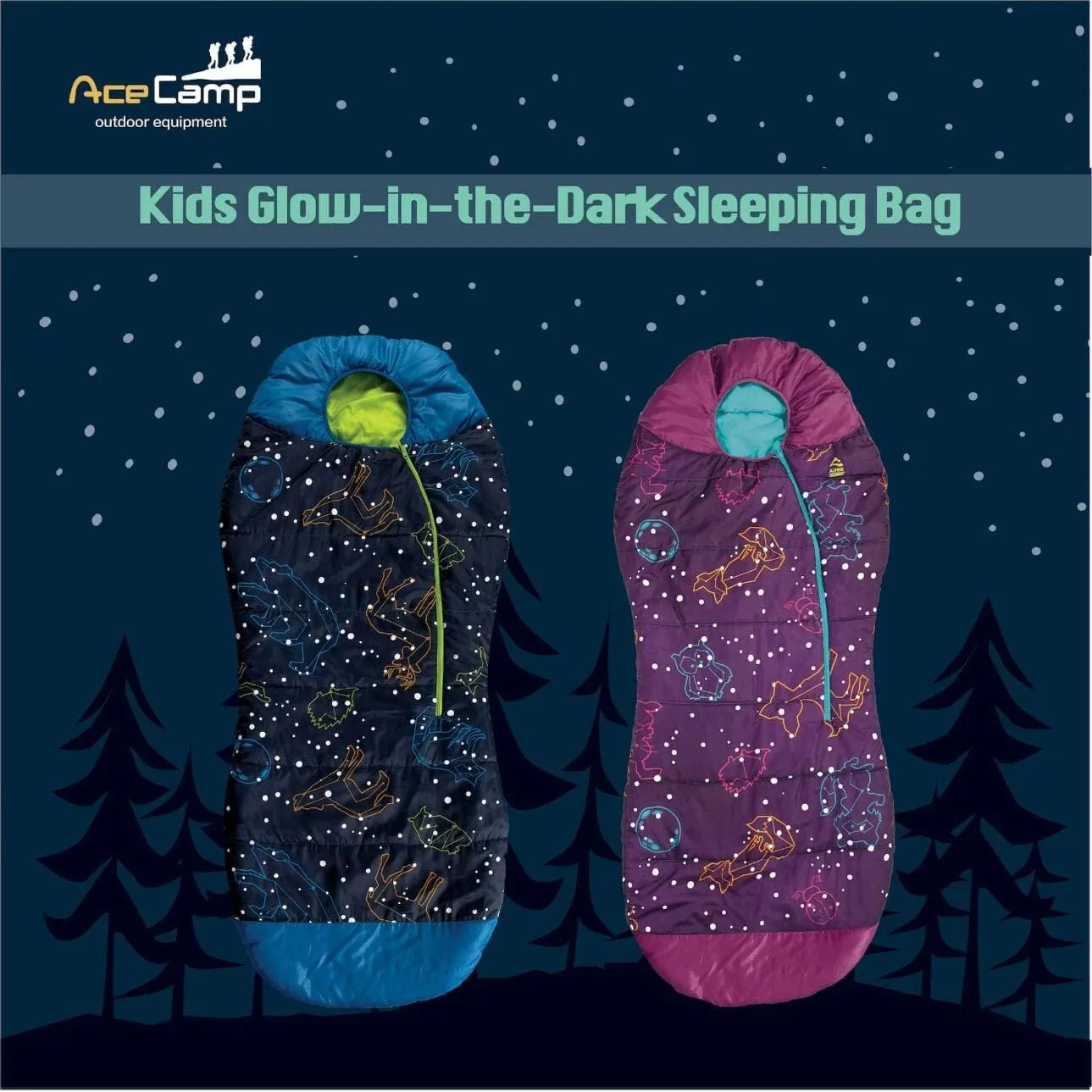 AceCamp Glow in The Dark Mummy Sleeping Bag for Kids and Youth, Temperature Rating 30°F/-1°C, Water-Resistant for Camping, Hiking, and Slumber Party