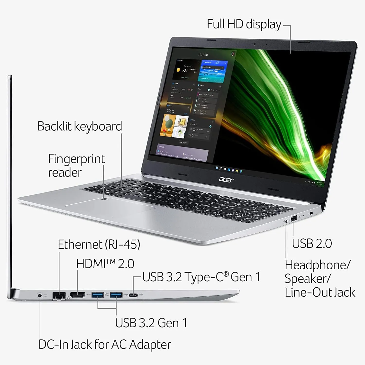 acer Laptop | Aspire 5 A515 | 15.6" 1920 x 1080 LED-Backlit | AMD Ryzen 7 3700U 4-Core | 8GB DDR4 | 256GB SSD | Windows 11 Pro | Wi-Fi 6 - Backlit Keyboard - 720p HD Camera - Pure Silver