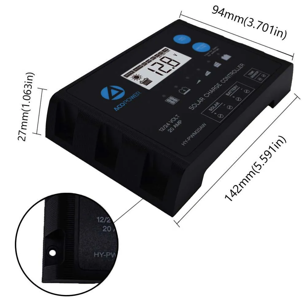 ACOPOWER 100W 12V Mono Solar RV Kit, With 20A PWM Charge Controller