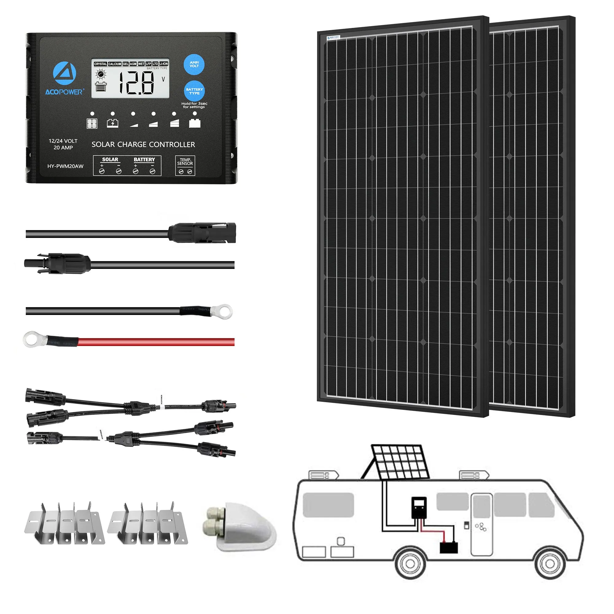 ACOPOWER 12V/24V 200W Mono Solar RV Kit, With 20A PWM Charge Controller