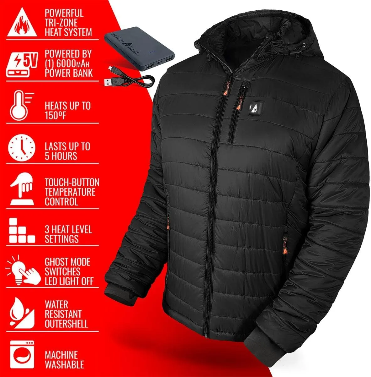 ActionHeat Men's 5V Insulated Heated Jacket with Detachable Hood, Battery Pack