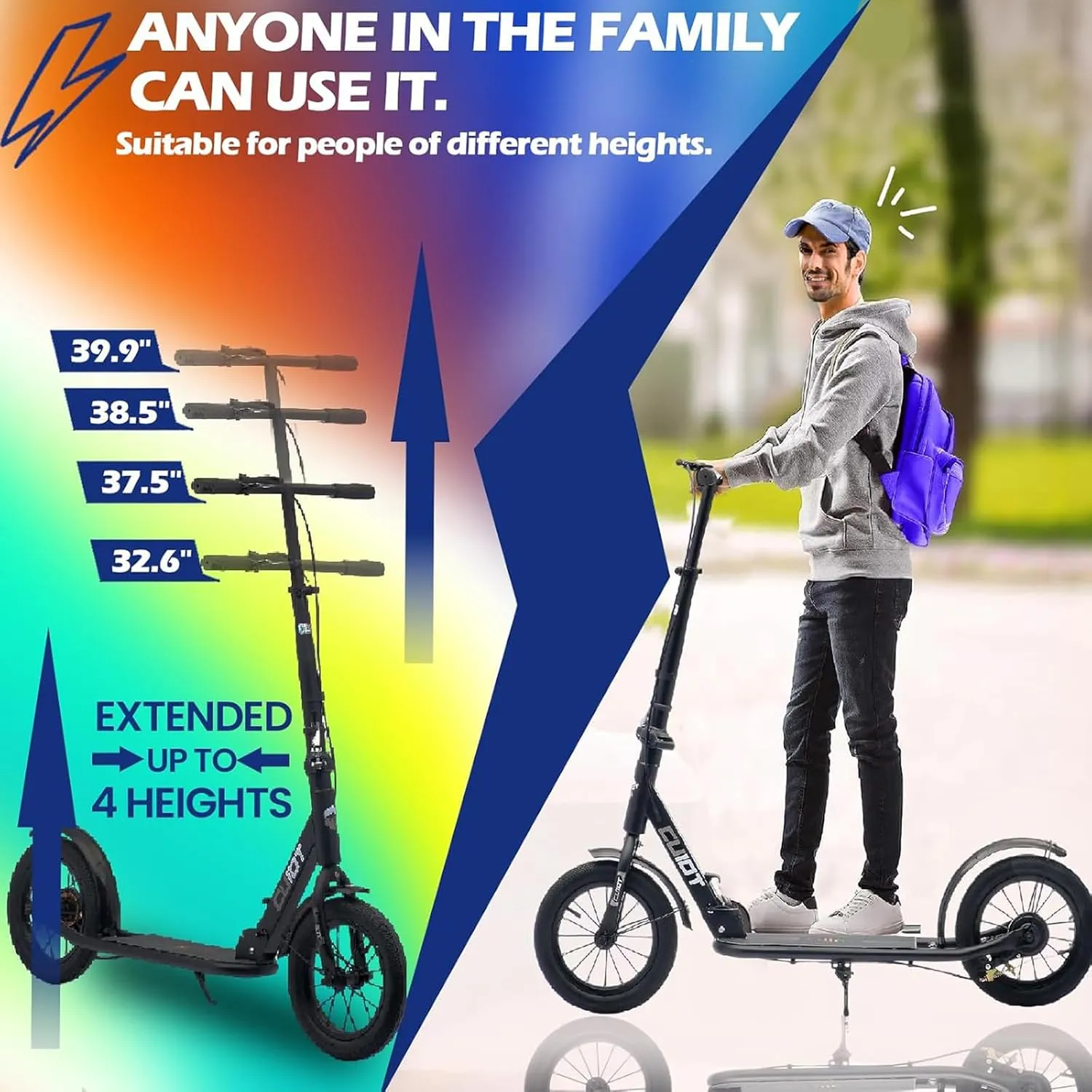 Adult Scooter for XXL Big Wheels, Folding Commuter Kick Scooter for Adults & Teens, Adjustable Heigh, Lightweight Sports Commuter Scooter for Kids Tenns Adults, 4 Adjustable Levels.