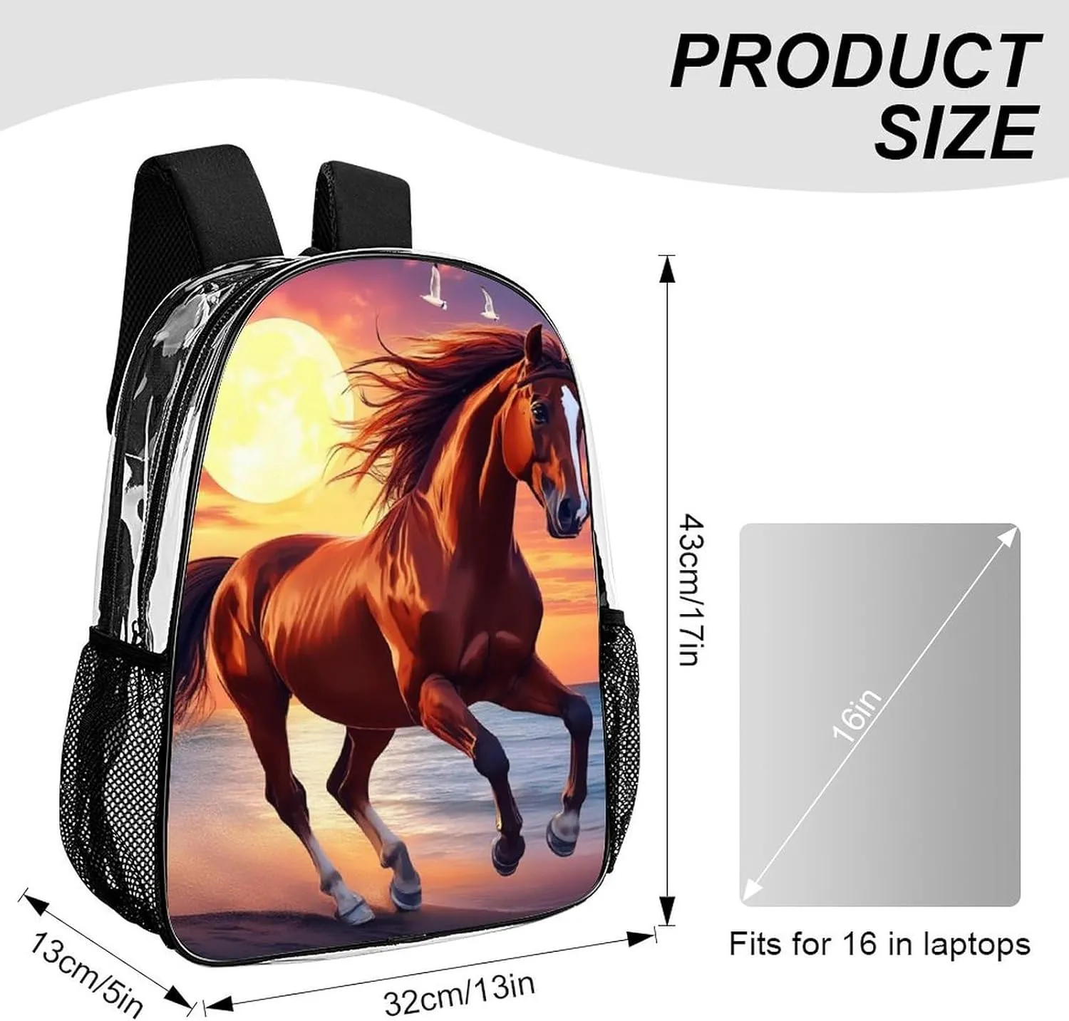 Adults Lightweight Beach Sun Running Wild Horse Art Rucksacks Large Capacity Bookbag Transparent Bag for Trekking Outdoors Bicycle