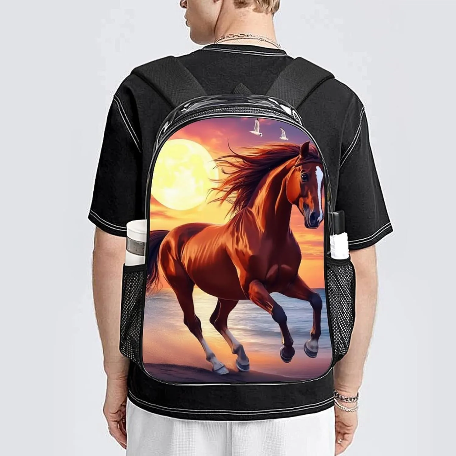 Adults Lightweight Beach Sun Running Wild Horse Art Rucksacks Large Capacity Bookbag Transparent Bag for Trekking Outdoors Bicycle