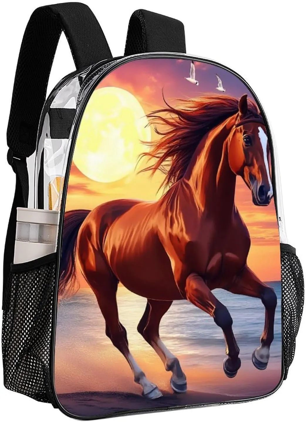 Adults Lightweight Beach Sun Running Wild Horse Art Rucksacks Large Capacity Bookbag Transparent Bag for Trekking Outdoors Bicycle