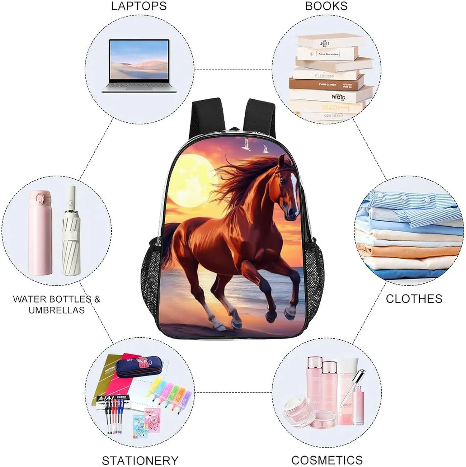 Adults Lightweight Beach Sun Running Wild Horse Art Rucksacks Large Capacity Bookbag Transparent Bag for Trekking Outdoors Bicycle