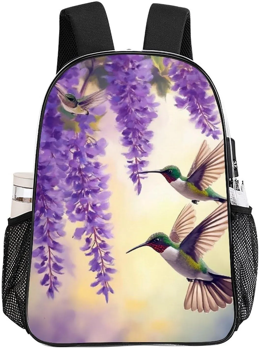 Adults Lightweight Purple Flowers And Hummingbirds Art Rucksacks Large Capacity Bookbag Transparent Bag for Trekking Outdoors Bicycle