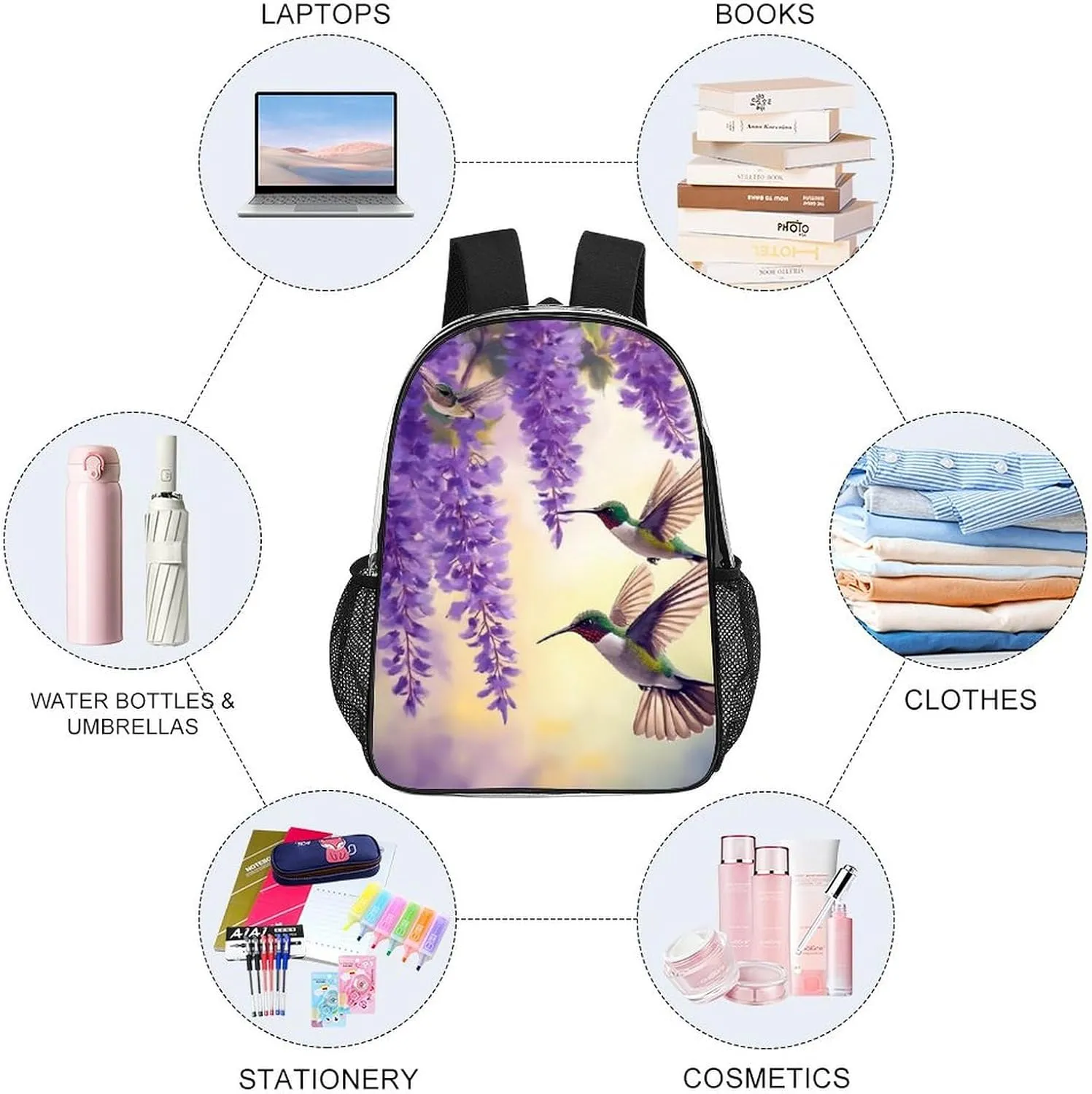Adults Lightweight Purple Flowers And Hummingbirds Art Rucksacks Large Capacity Bookbag Transparent Bag for Trekking Outdoors Bicycle