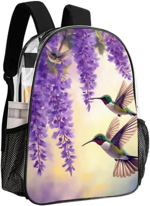 Adults Lightweight Purple Flowers And Hummingbirds Art Rucksacks Large Capacity Bookbag Transparent Bag for Trekking Outdoors Bicycle
