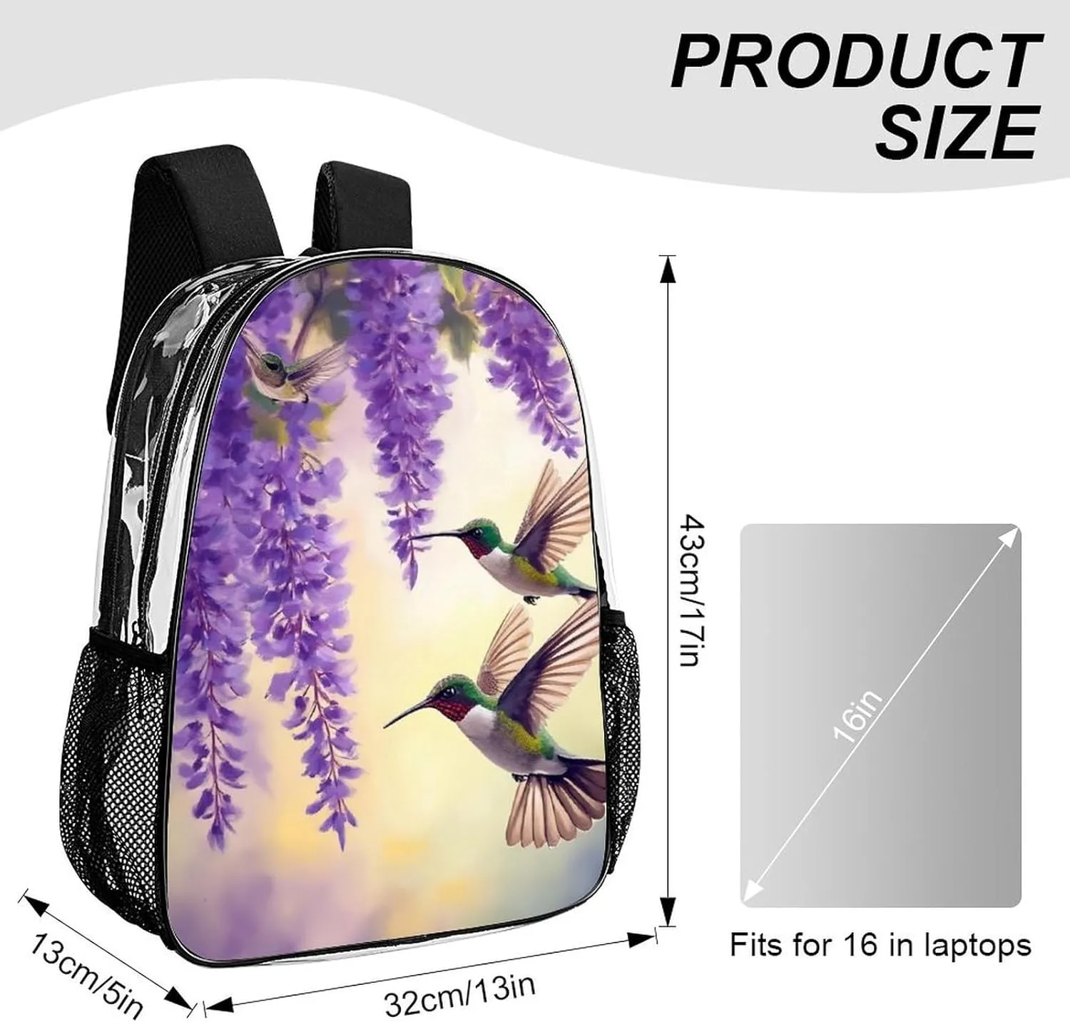 Adults Lightweight Purple Flowers And Hummingbirds Art Rucksacks Large Capacity Bookbag Transparent Bag for Trekking Outdoors Bicycle