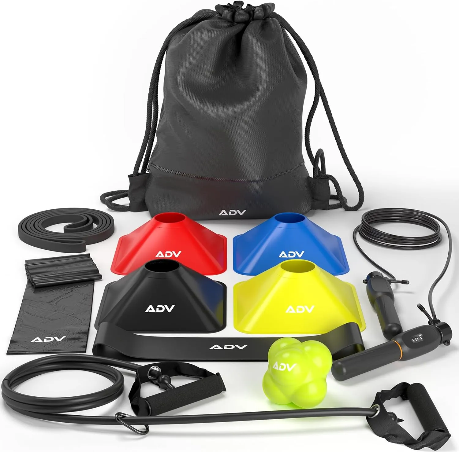 ADV Training Kit V2: Tennis Trainer Equipment for Tennis Training, Practice & Drills – Includes Counting Jump Rope, Resistance Bands, Stretch Bands for Exercise, Tennis Trainer Rebound Ball & Cones