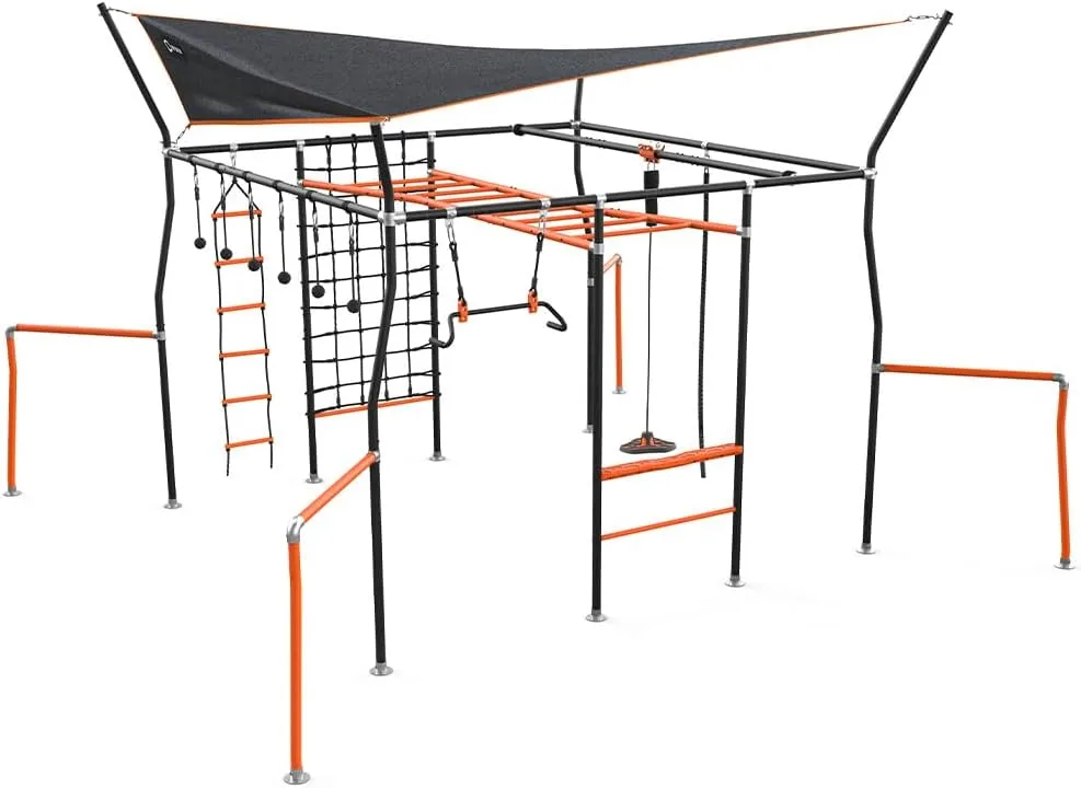 Adventure Quest Monkey Bars Extra Large Playset & Jungle Gym with Powder Coated Galvanized Steel, Shade Cover, Cargo Net, Ninja Grips, Flying Fox, Gym Rope, Climbing Ladder & Monkey Swing