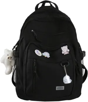 Aesthetic College Backpack with Pins and Plushies Kawaii Laptop Backpack Preppy Daypack Cute Travel Bag Book Bag (Black,One Size)