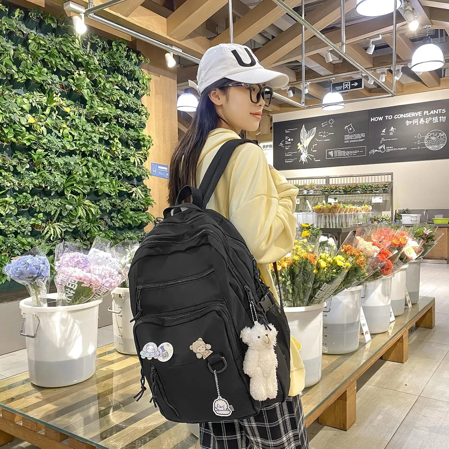 Aesthetic College Backpack with Pins and Plushies Kawaii Laptop Backpack Preppy Daypack Cute Travel Bag Book Bag (Black,One Size)