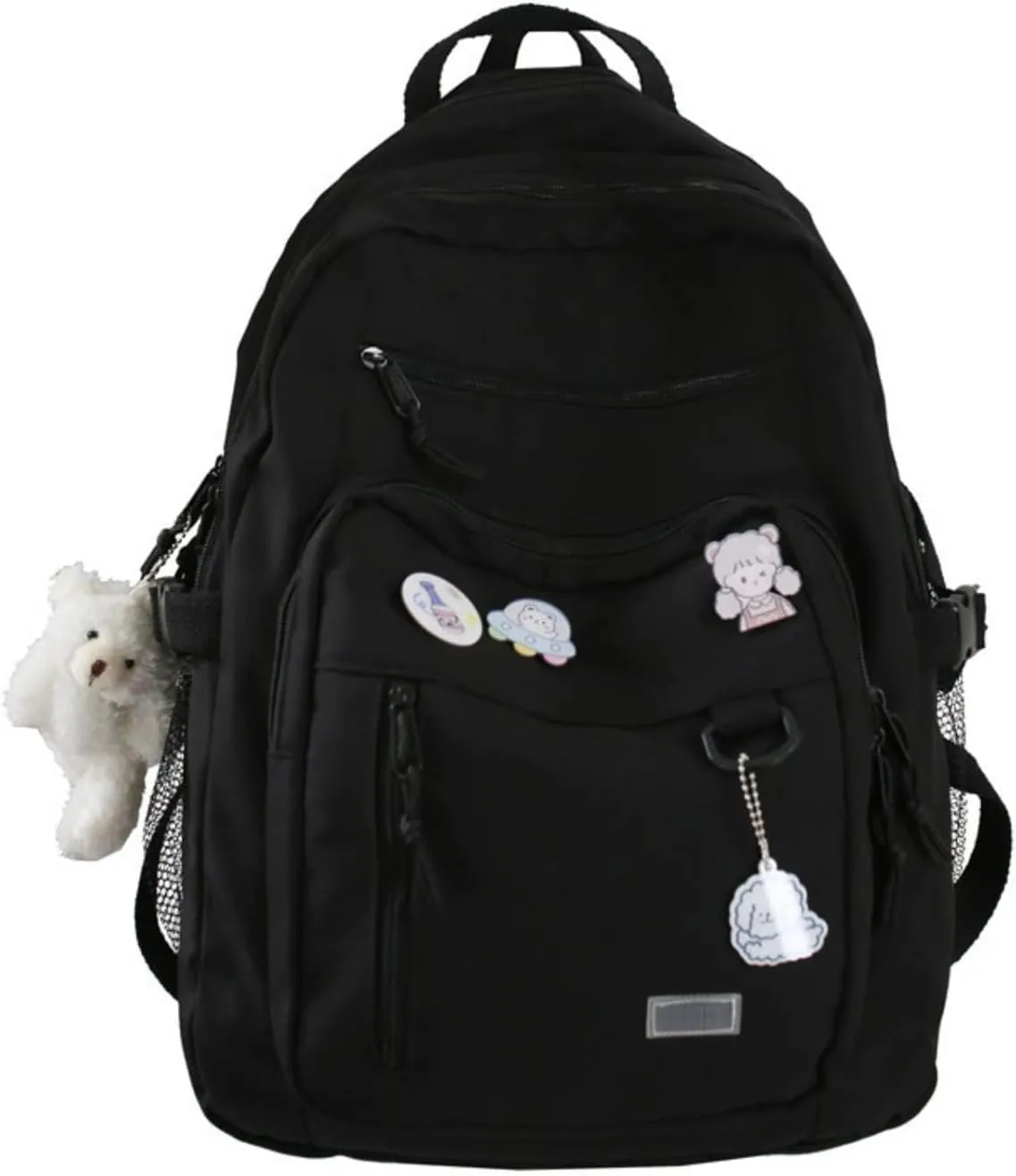 Aesthetic College Backpack with Pins and Plushies Kawaii Laptop Backpack Preppy Daypack Cute Travel Bag Book Bag (Black,One Size)